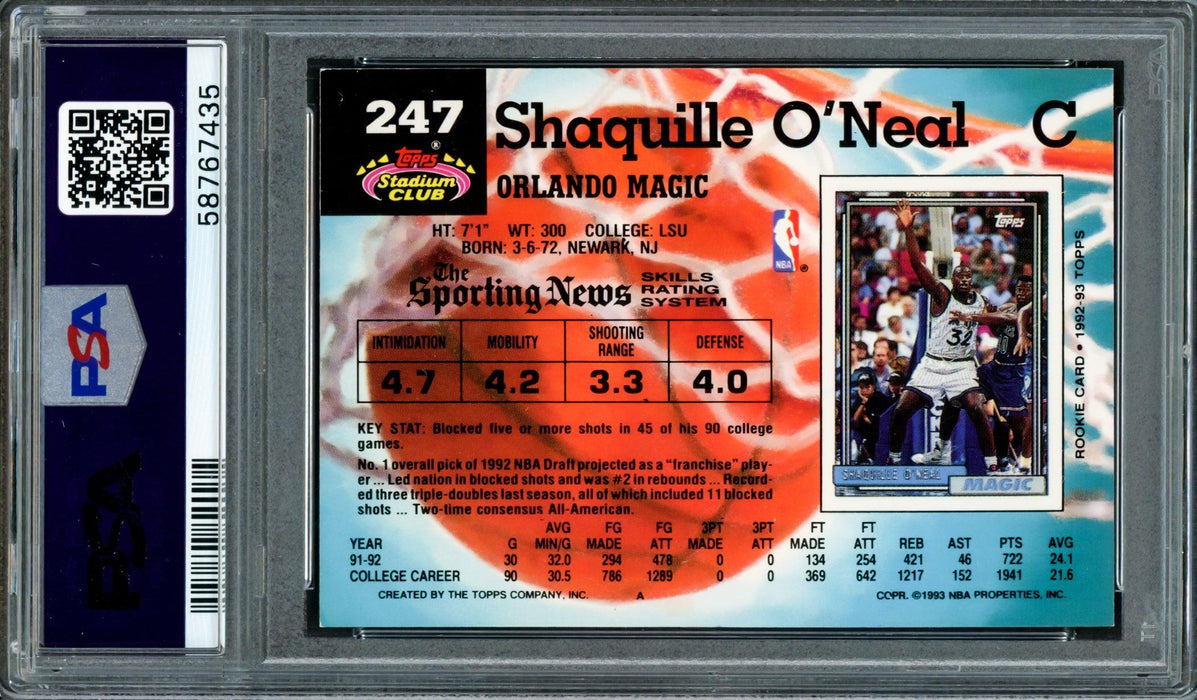 Shaquille "Shaq" O'Neal Autographed 1992 Stadium Rookie Card #247 Orlando Magic PSA 9 Auto Grade Mint 9 PSA/DNA #58767435 - RSA