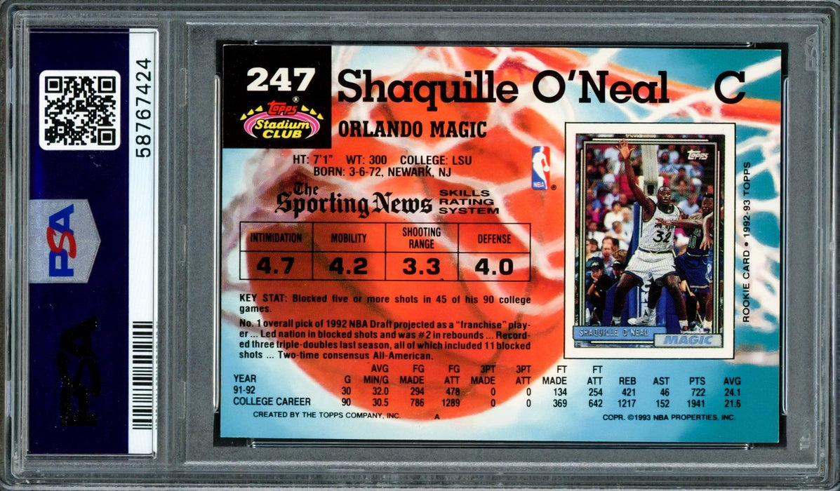 Shaquille "Shaq" O'Neal Autographed 1992 Stadium Rookie Card #247 Orlando Magic Auto Grade Mint 9 PSA/DNA Stock #207362 - RSA