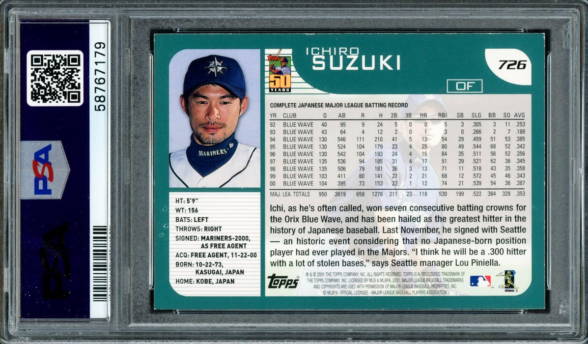 Ichiro Suzuki Autographed 2001 Topps Home Team Advantage Rookie Card #726 Seattle Mariners Auto Grade Mint 9 PSA/DNA #58767179 - RSA