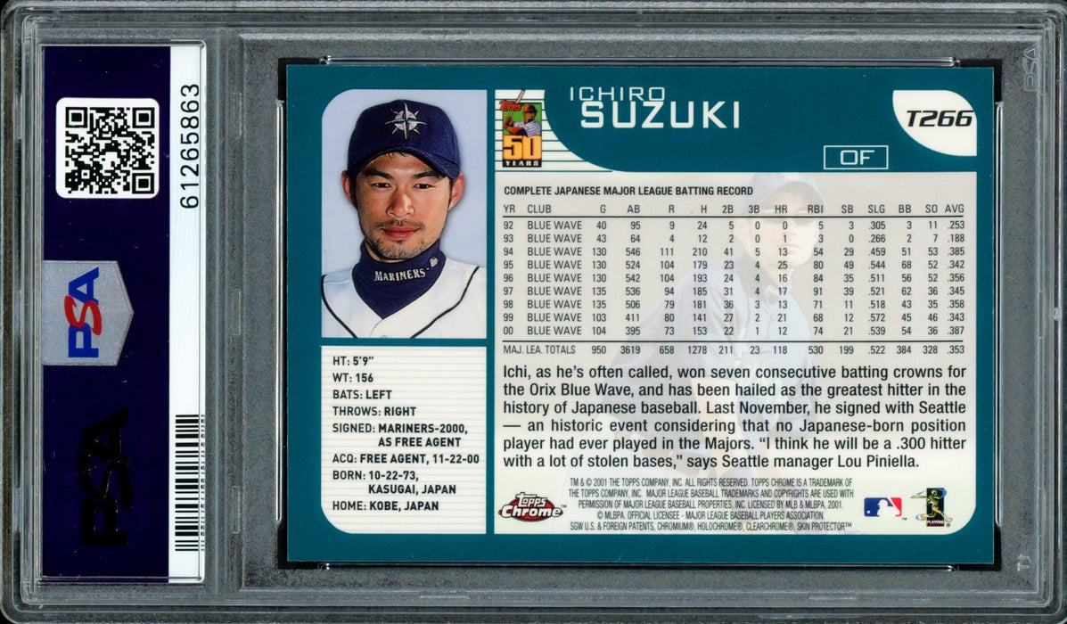 Ichiro Suzuki Autographed 2001 Topps Chrome Traded Rookie Card #T266 Seattle Mariners Auto Grade Gem Mint 10 PSA/DNA #61265963 - RSA