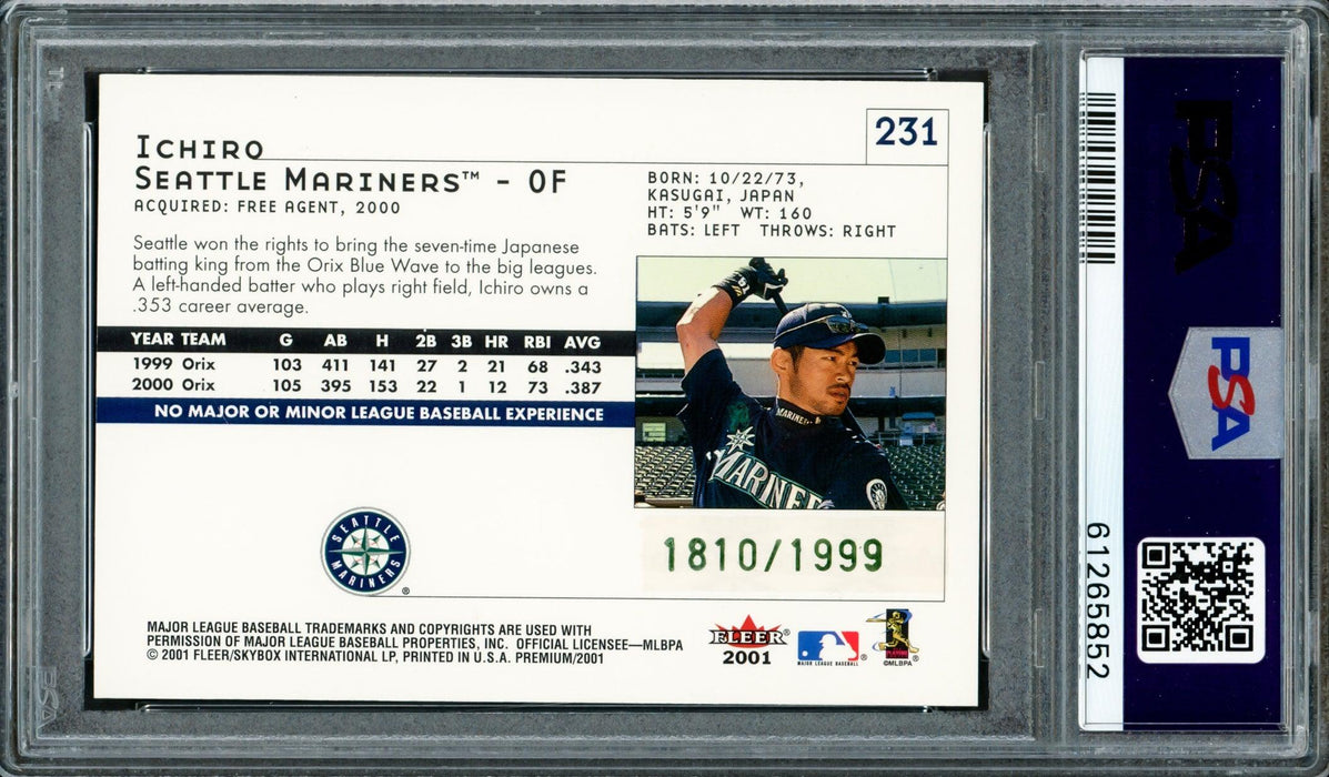 Ichiro Suzuki Autographed 2001 Fleer Premium Rookie Card #231 Seattle Mariners Auto Grade Gem Mint 10 #1810/1999 PSA/DNA #61265852 - RSA