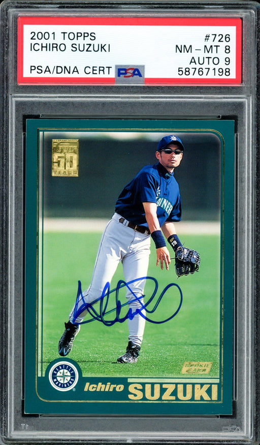 Ichiro Suzuki Autographed 2001 Topps Rookie Card #726 Seattle Mariners PSA 8 Auto Grade Mint 9 PSA/DNA Stock #207425 - RSA
