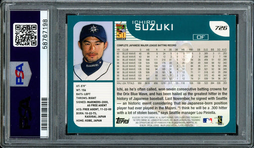 Ichiro Suzuki Autographed 2001 Topps Rookie Card #726 Seattle Mariners PSA 8 Auto Grade Mint 9 PSA/DNA Stock #207425 - RSA