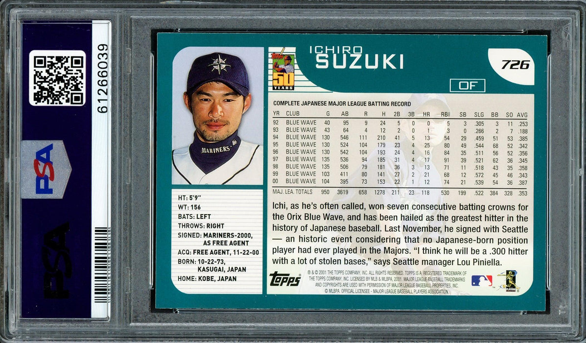 Ichiro Suzuki Autographed 2001 Topps Rookie Card #726 Seattle Mariners PSA 8 PSA/DNA Stock #207426 - RSA