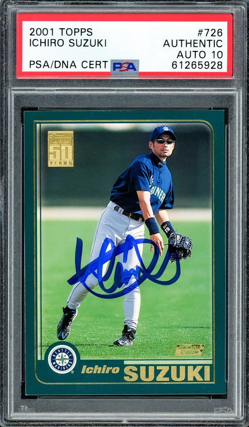 Ichiro Suzuki Autographed 2001 Topps Rookie Card #726 Seattle Mariners Auto Grade Gem Mint 10 PSA/DNA Stock #207427 - RSA