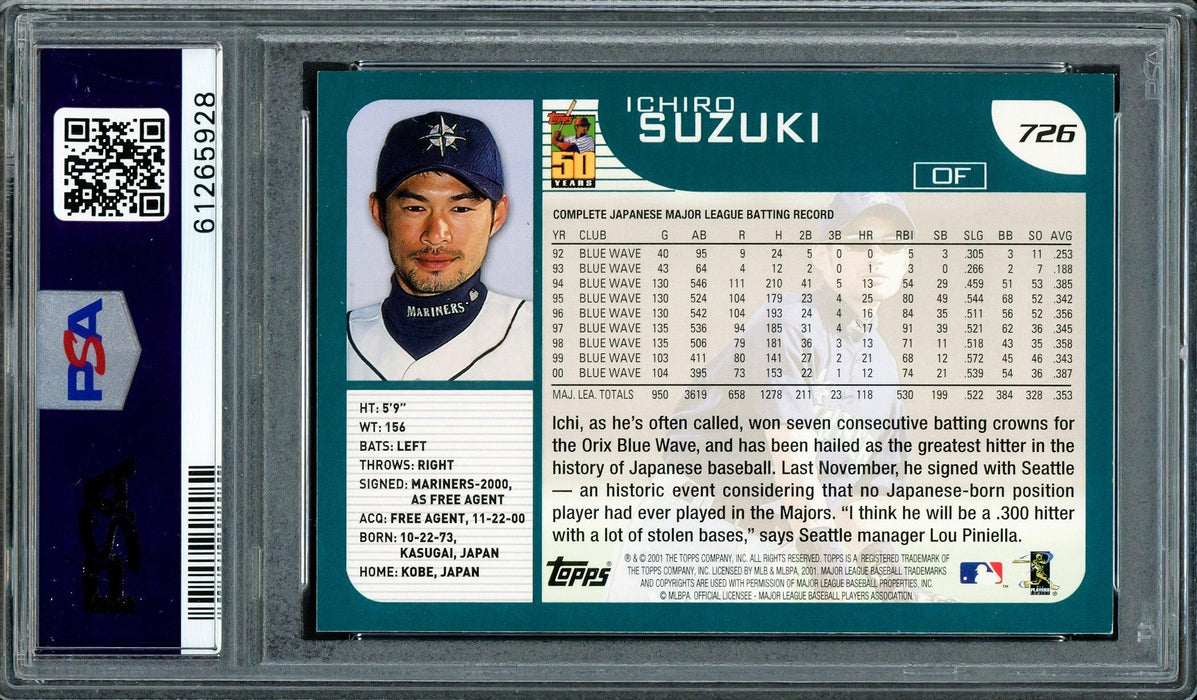 Ichiro Suzuki Autographed 2001 Topps Rookie Card #726 Seattle Mariners Auto Grade Gem Mint 10 PSA/DNA Stock #207427 - RSA