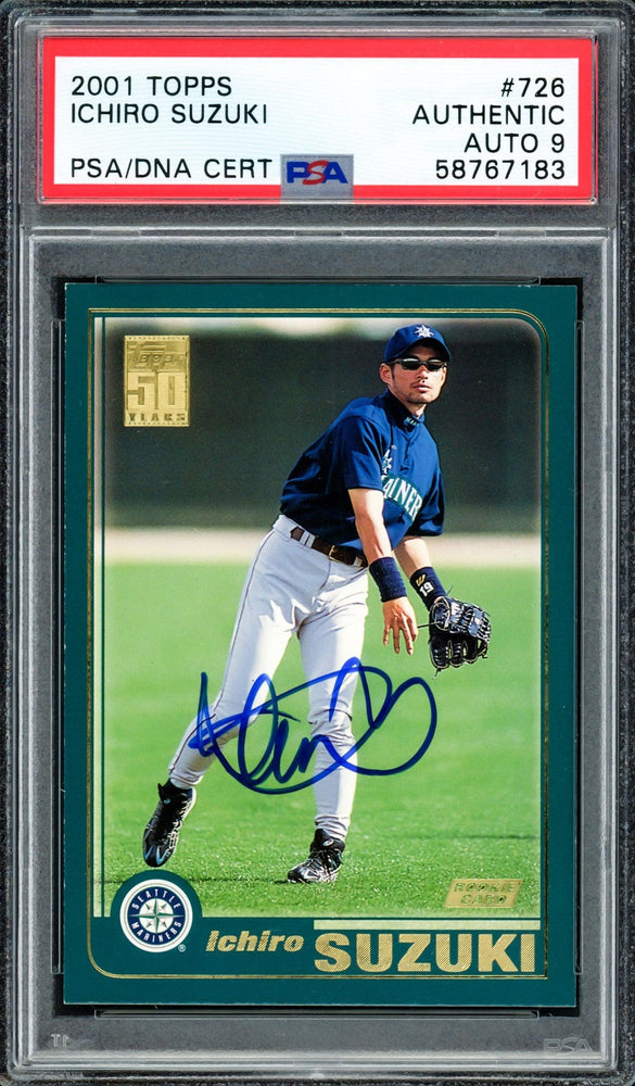 Ichiro Suzuki Autographed 2001 Topps Rookie Card #726 Seattle Mariners Auto Grade Mint 9 PSA/DNA Stock #207428 - RSA