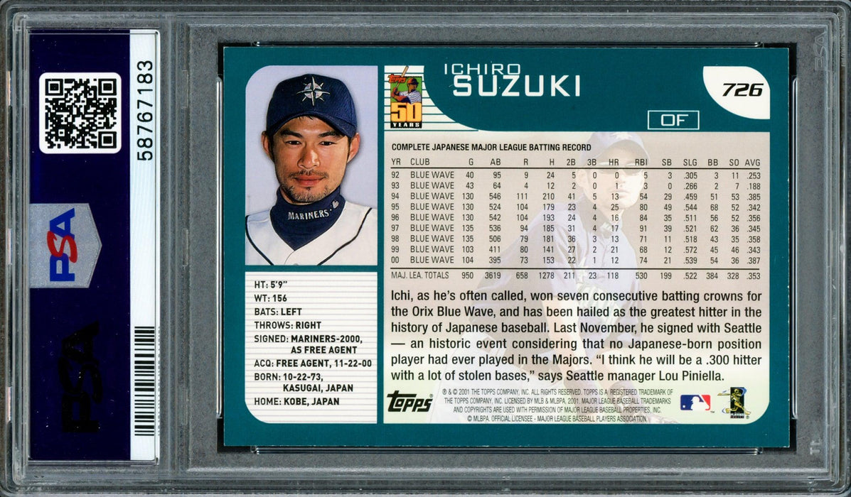 Ichiro Suzuki Autographed 2001 Topps Rookie Card #726 Seattle Mariners Auto Grade Mint 9 PSA/DNA Stock #207428 - RSA