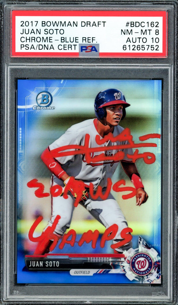 Juan Soto Autographed 2017 Bowman Draft Chrome Blue Refractor Rookie Card #BDC162 Washington Nationals PSA 8 Auto Grade Gem Mint 10 "2019 WS Champs" #36/150 PSA/DNA #61265752 - RSA