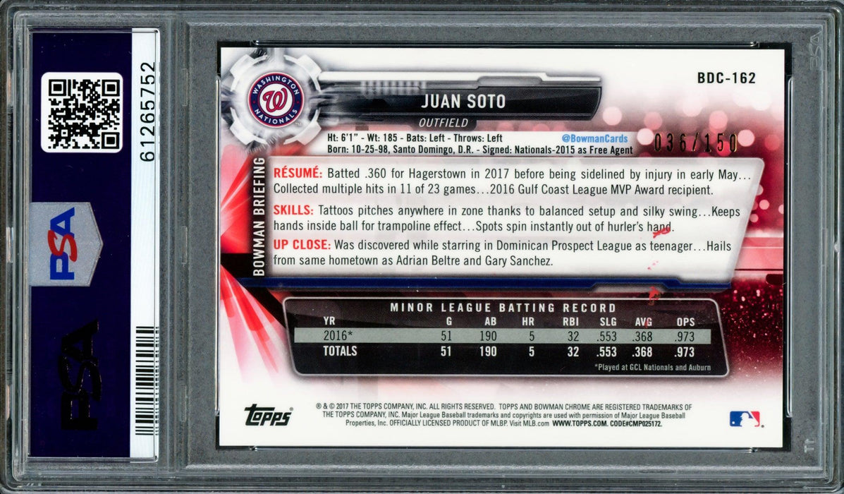 Juan Soto Autographed 2017 Bowman Draft Chrome Blue Refractor Rookie Card #BDC162 Washington Nationals PSA 8 Auto Grade Gem Mint 10 "2019 WS Champs" #36/150 PSA/DNA #61265752 - RSA