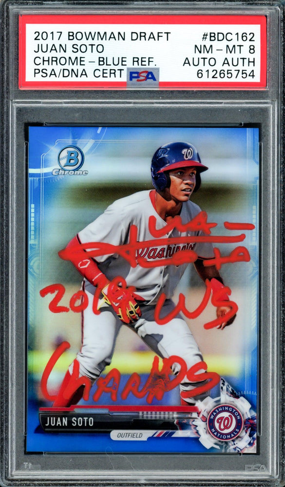 Juan Soto Autographed 2017 Bowman Draft Chrome Blue Refractor Rookie Card #BDC162 Washington Nationals PSA 8 "2019 WS Champs" #84/150 PSA/DNA #61265754 - RSA
