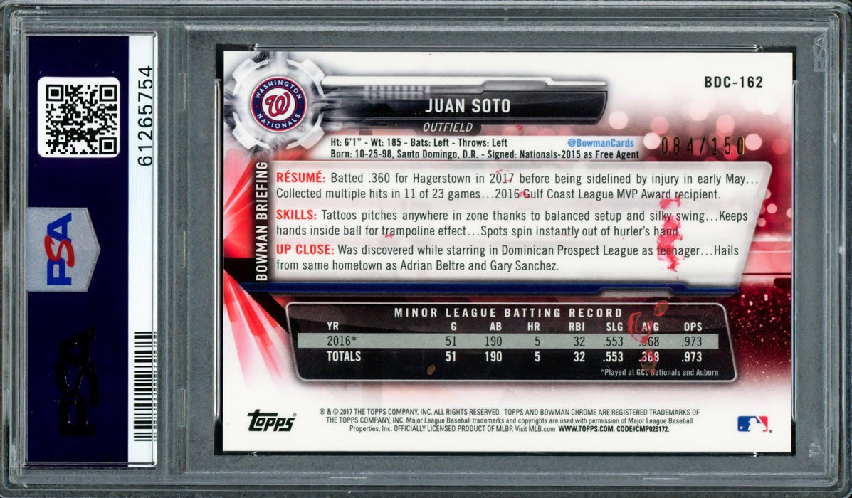 Juan Soto Autographed 2017 Bowman Draft Chrome Blue Refractor Rookie Card #BDC162 Washington Nationals PSA 8 "2019 WS Champs" #84/150 PSA/DNA #61265754 - RSA