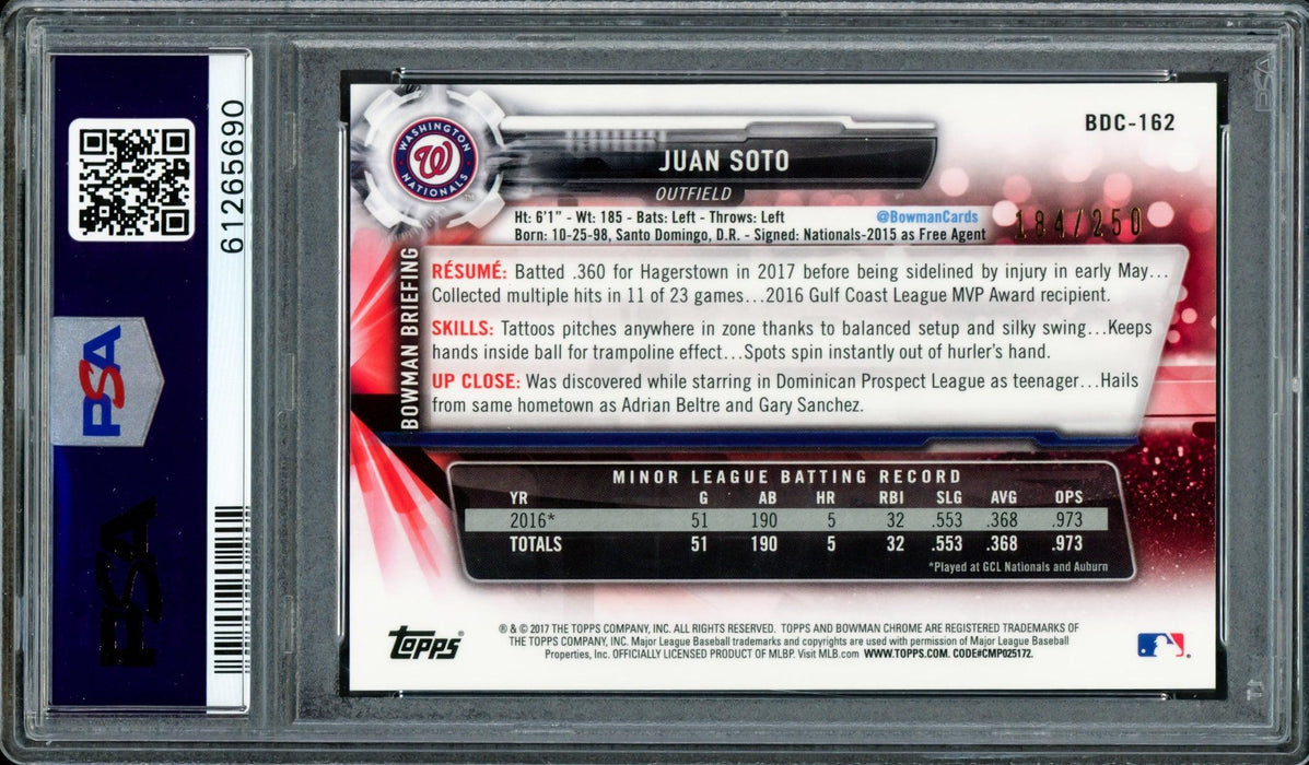 Juan Soto Autographed 2017 Bowman Draft Chrome Purple Refractor Rookie Card #BDC162 Washington Nationals PSA 9 #184/250 PSA/DNA #61265690 - RSA