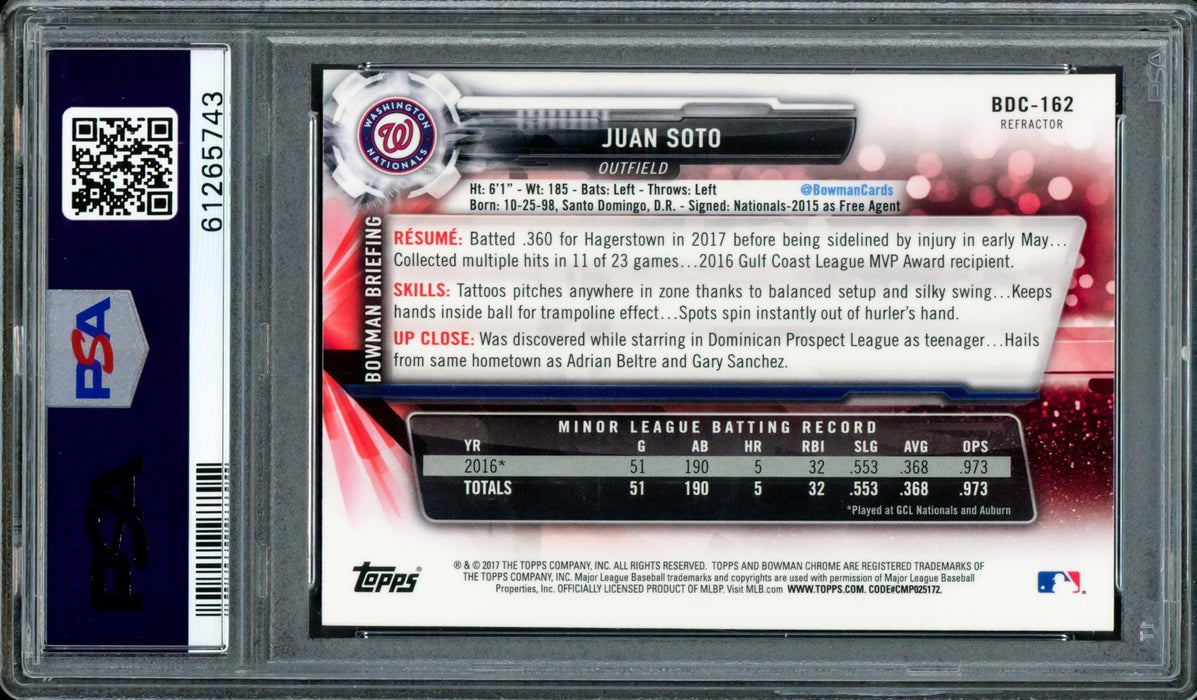 Juan Soto Autographed 2017 Bowman Draft Chrome Refractor Rookie Card #BDC162 Washington Nationals PSA 9 Auto Grade Gem Mint 10 "2019 WS Champs" PSA/DNA #61265743 - RSA