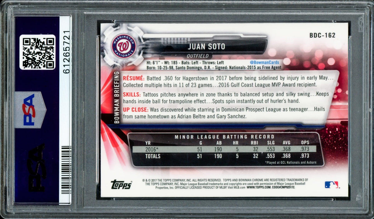 Juan Soto Autographed 2017 Bowman Draft Chrome Rookie Card #BDC162 Washington Nationals PSA 10 "2019 WS Champs" PSA/DNA #61265721 - RSA