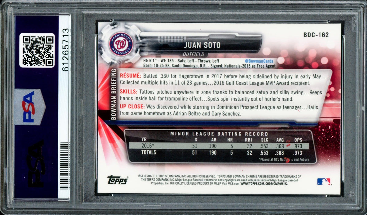 Juan Soto Autographed 2017 Bowman Draft Chrome Rookie Card #BDC162 Washington Nationals PSA 9 Auto Grade Gem Mint 10 "2019 WS Champs" PSA/DNA #61265713 - RSA