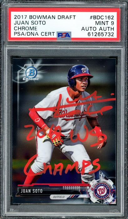 Juan Soto Autographed 2017 Bowman Draft Chrome Rookie Card #BDC162 Washington Nationals PSA 9 "2019 WS Champs" PSA/DNA #61265732 - RSA