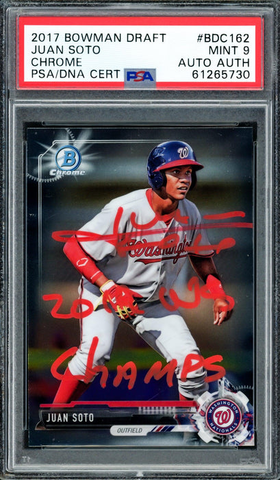 Juan Soto Autographed 2017 Bowman Draft Chrome Rookie Card #BDC162 Washington Nationals PSA 9 "2019 WS Champs" PSA/DNA #61265730 - RSA