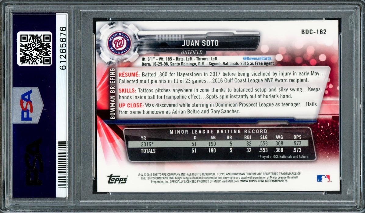 Juan Soto Autographed 2017 Bowman Draft Chrome Rookie Card #BDC162 Washington Nationals PSA 10 PSA/DNA #61265676 - RSA