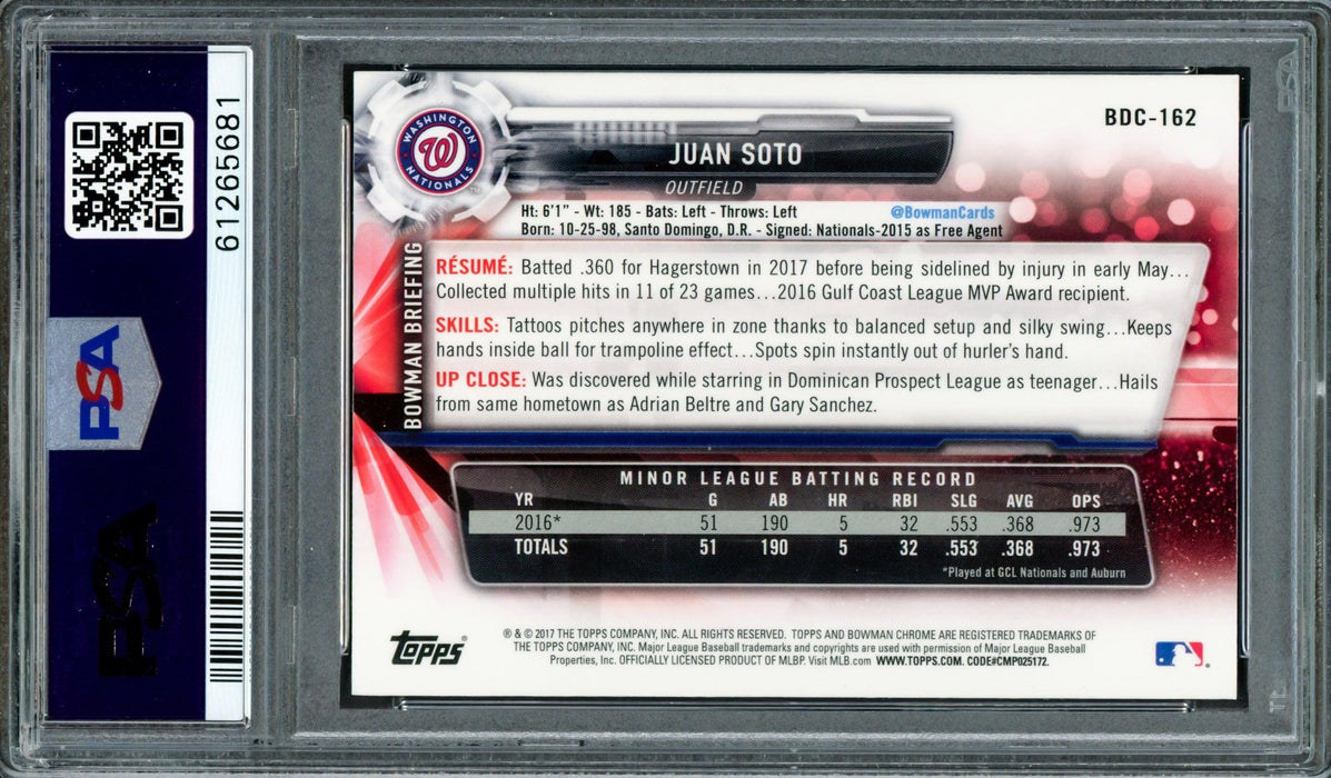 Juan Soto Autographed 2017 Bowman Draft Chrome Rookie Card #BDC162 Washington Nationals PSA 9 (Bubbling) PSA/DNA #61265681 - RSA