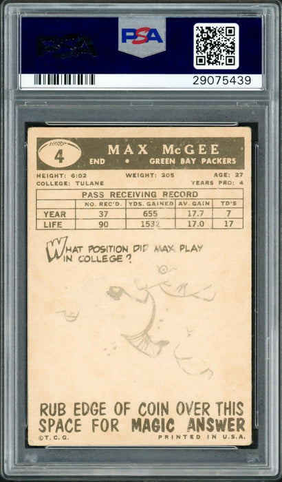 Max McGee Autographed 1959 Topps Rookie Card #4 Green Bay Packers PSA/DNA #29075439 - RSA
