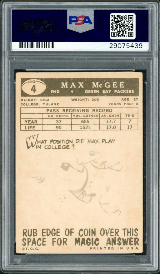 Max McGee Autographed 1959 Topps Rookie Card #4 Green Bay Packers PSA/DNA #29075439 - RSA