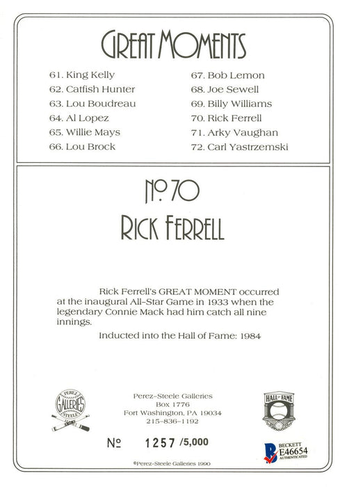 Rick Ferrell Autographed Perez-Steele Great Moments Postcard #70 Boston Red Sox Beckett BAS Stock #144266 - RSA