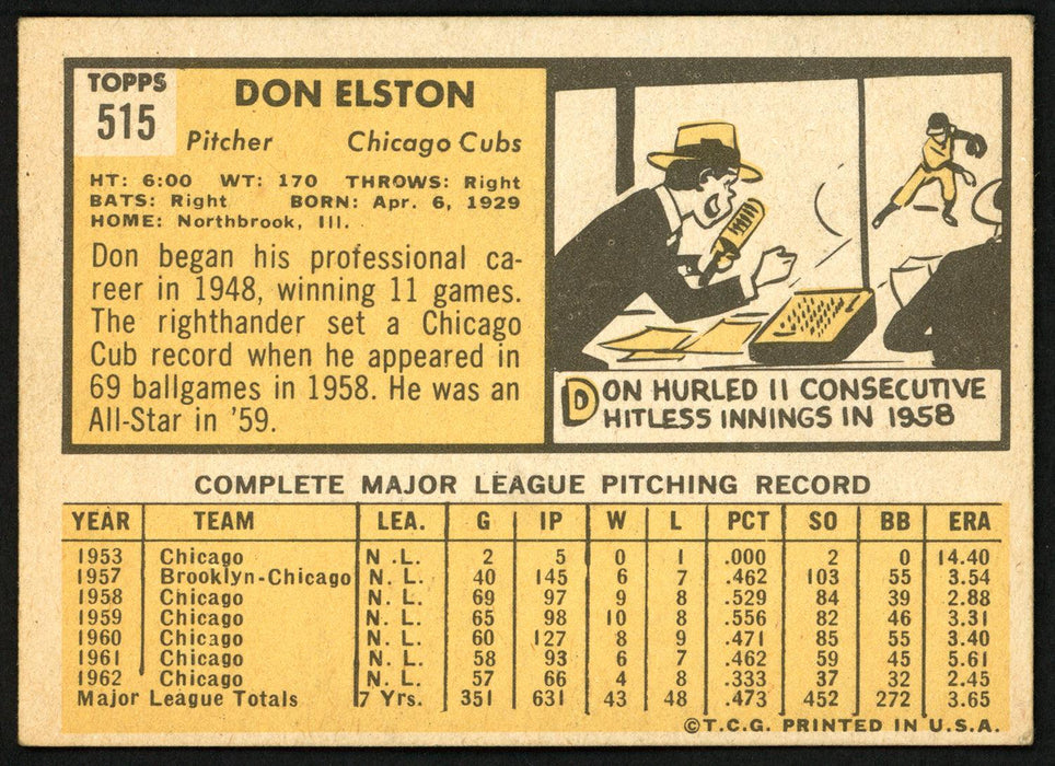 Don Elston Autographed 1963 Topps Card #515 Chicago Cubs SKU #149923 - RSA
