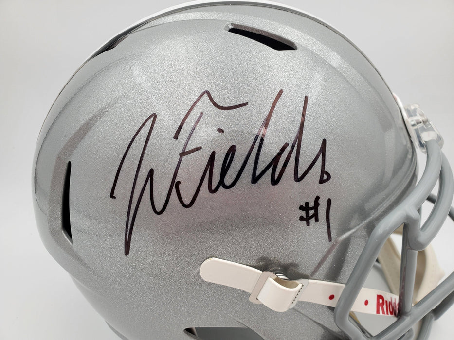 Justin Fields Autographed Ohio State Buckeyes Silver Replica Speed Full Size Helmet Beckett BAS Stock #190011 - RSA