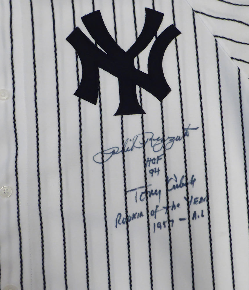 New York Yankees Phil Rizzuto & Tony Kubek Autographed White Russell Jersey Size XL "HOF 94" & "Rookie Of The Year 1957 - AL" Beckett BAS QR #BJ04164