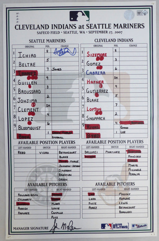 Ichiro Suzuki Autographed Game Used Lineup Card Seattle Mariners September 27, 2007 IS Holo SKU #214133