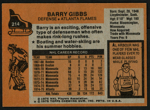Barry Gibbs Autographed 1975-76 Topps Card #214 Atlanta Flames SKU #149964 - RSA