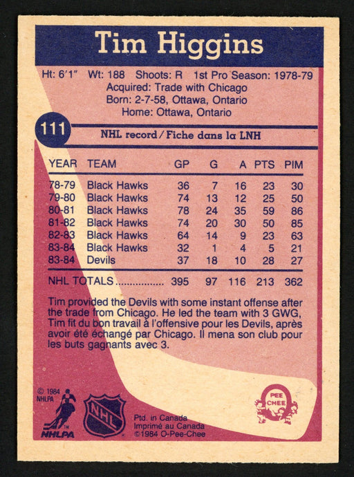 Tim Higgins Autographed 1984-85 O-Pee-Chee Card #111 New Jersey Devils SKU #151833 - RSA