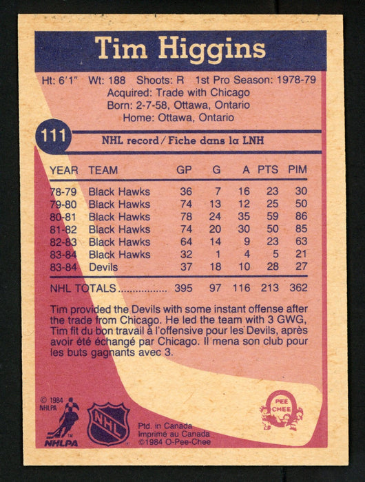 Tim Higgins Autographed 1984-85 O-Pee-Chee Card #111 New Jersey Devils SKU #151831 - RSA