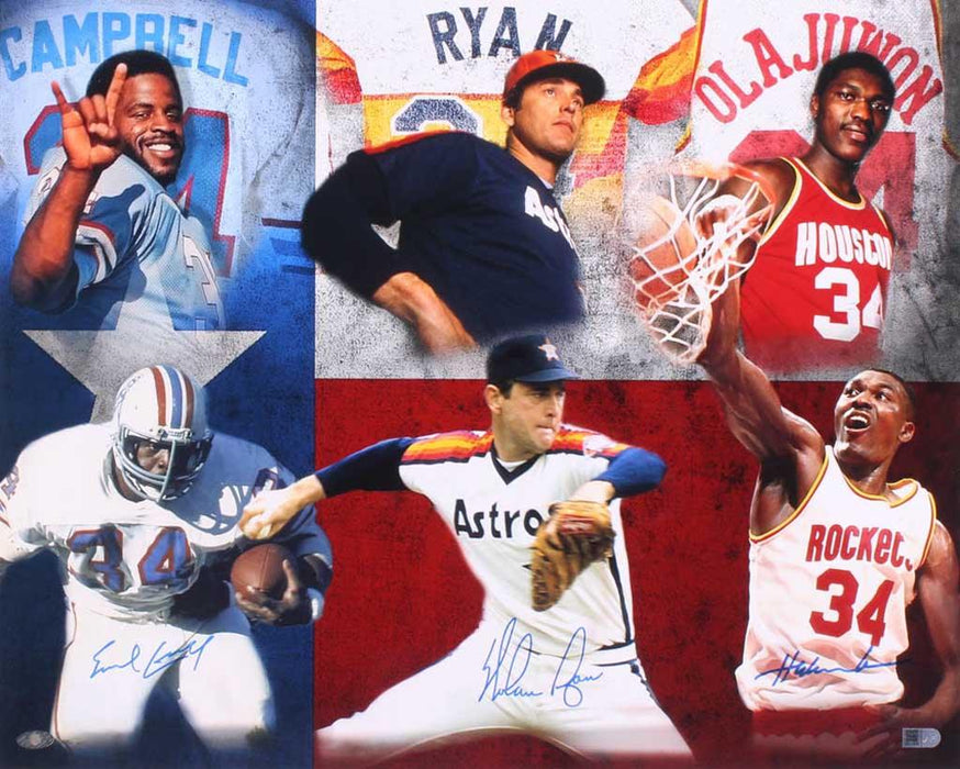 nolan ryanhakeem olajuwonearl campbell signed 16x20 legendary houston 34s photo aiv hou34 certificate of authenticity