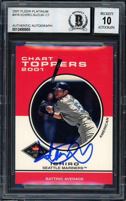 Ichiro Suzuki Autographed 2001 Fleer Platinum Chart Toppers Rookie Card #416 Seattle Mariners Auto Grade 10 Beckett BAS #12490855 - RSA