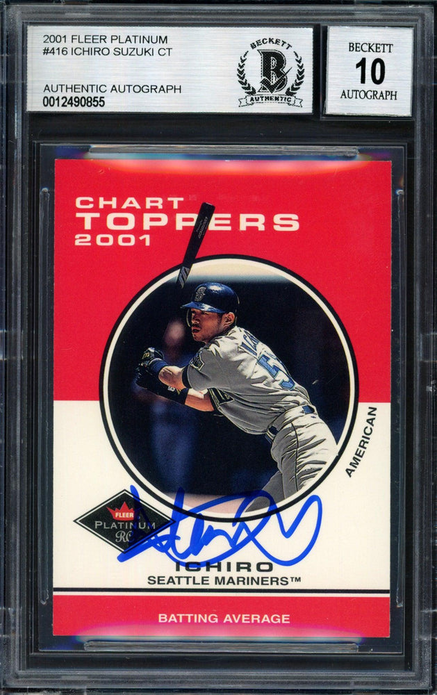 Ichiro Suzuki Autographed 2001 Fleer Platinum Chart Toppers Rookie Card #416 Seattle Mariners Auto Grade 10 Beckett BAS #12490855 - RSA