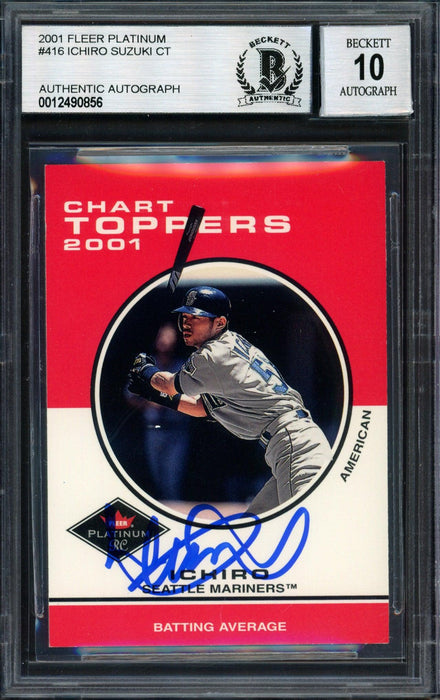 Ichiro Suzuki Autographed 2001 Fleer Platinum Chart Toppers Rookie Card #416 Seattle Mariners Auto Grade 10 Beckett BAS #12490856 - RSA