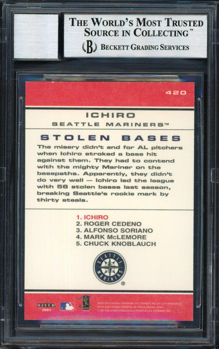 Ichiro Suzuki Autographed 2001 Fleer Platinum Chart Toppers Rookie Card #420 Seattle Mariners Auto Grade 10 Beckett BAS #12490890 - RSA