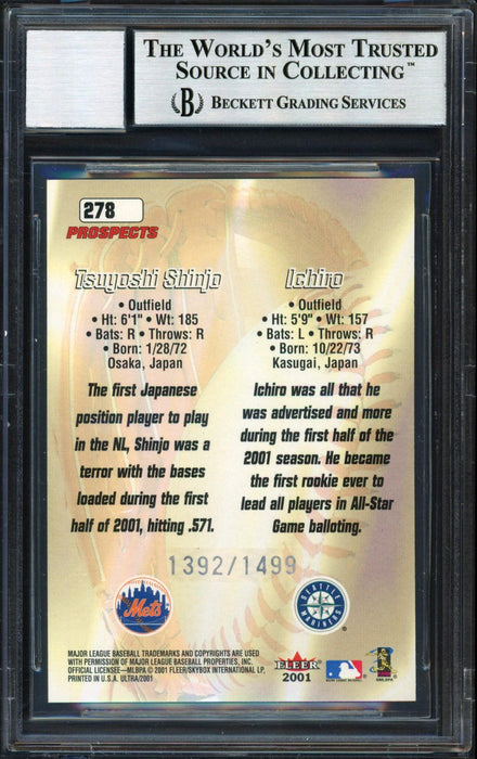 Ichiro Suzuki Autographed 2001 Fleer Ultra Rookie Card #278 Seattle Mariners #1392/1499 Auto Grade 10 Beckett BAS #12490893 - RSA