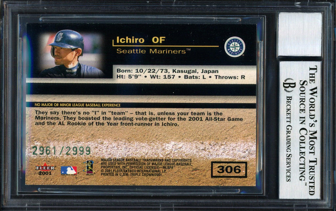 Ichiro Suzuki Autographed 2001 Fleer Triple Crown Rookie Card #306 Seattle Mariners #2961/2999 Auto Grade 10 Beckett BAS #12490896 - RSA