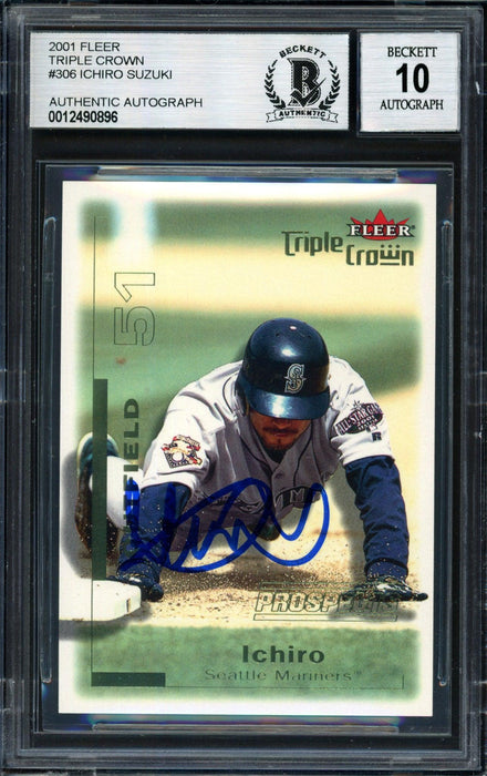 Ichiro Suzuki Autographed 2001 Fleer Triple Crown Rookie Card #306 Seattle Mariners #2961/2999 Auto Grade 10 Beckett BAS #12490896 - RSA