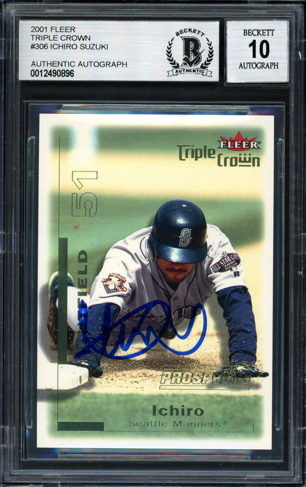 Ichiro Suzuki Autographed 2001 Fleer Triple Crown Rookie Card #306 Seattle Mariners #2961/2999 Auto Grade 10 Beckett BAS #12490896 - RSA