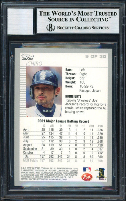 Ichiro Suzuki Autographed 2002 Topps Post Card #9 Seattle Mariners Auto Grade 10 Beckett BAS #12491005 - RSA