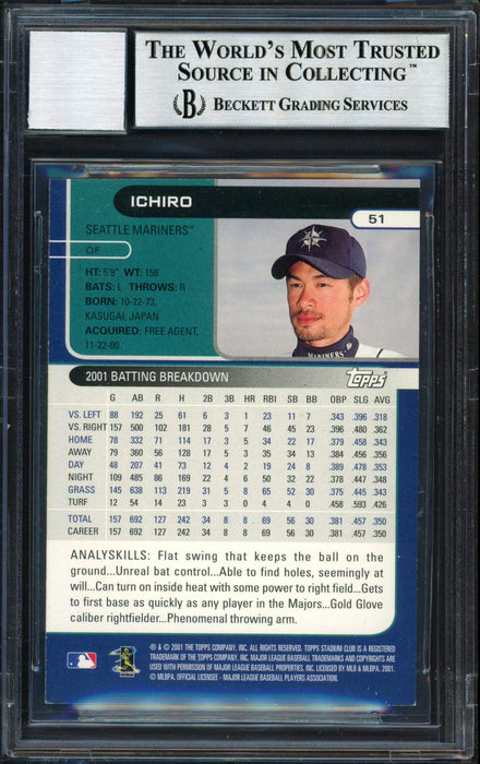 Ichiro Suzuki Autographed 2002 Topps Stadium Club Card #51 Seattle Mariners Auto Grade 10 Beckett BAS #12491082 - RSA