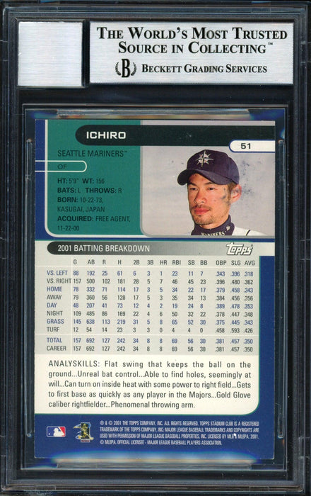 Ichiro Suzuki Autographed 2002 Topps Stadium Club Card #51 Seattle Mariners Auto Grade 10 Beckett BAS #12491083 - RSA