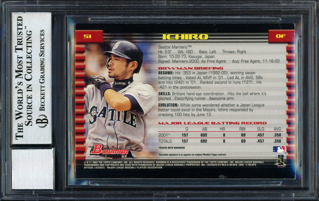 Ichiro Suzuki Autographed 2002 Bowman Card #51 Seattle Mariners Auto Grade 10 Beckett BAS #12491084 - RSA