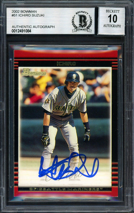 Ichiro Suzuki Autographed 2002 Bowman Card #51 Seattle Mariners Auto Grade 10 Beckett BAS #12491084 - RSA