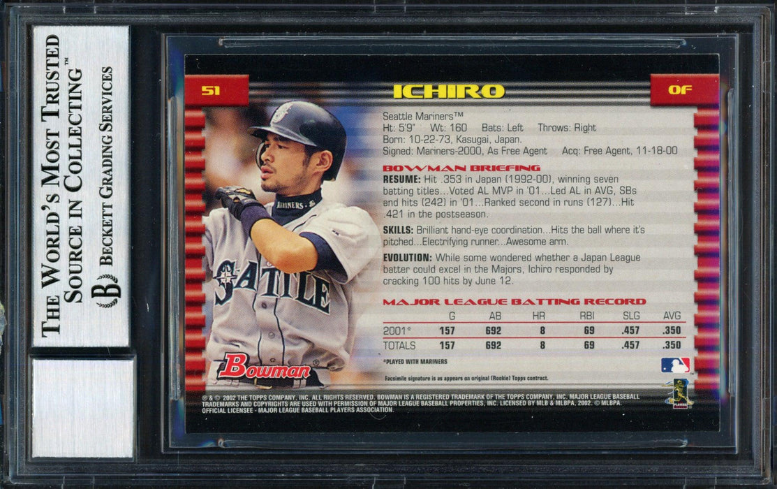 Ichiro Suzuki Autographed 2002 Bowman Card #51 Seattle Mariners Auto Grade 10 Beckett BAS #12491085 - RSA