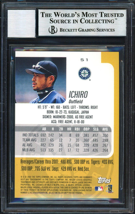 Ichiro Suzuki Autographed 2002 Bowman's Best Card #51 Seattle Mariners Auto Grade 10 Beckett BAS #12491093 - RSA